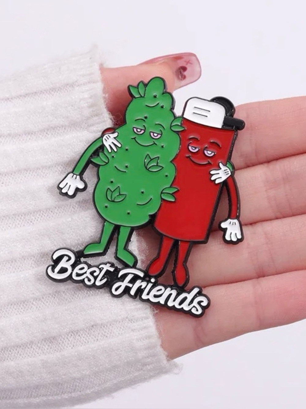 Best Friends Enamel Pin – Weed Bud & Lighter Cartoon Brooch - Picture 2 of 2